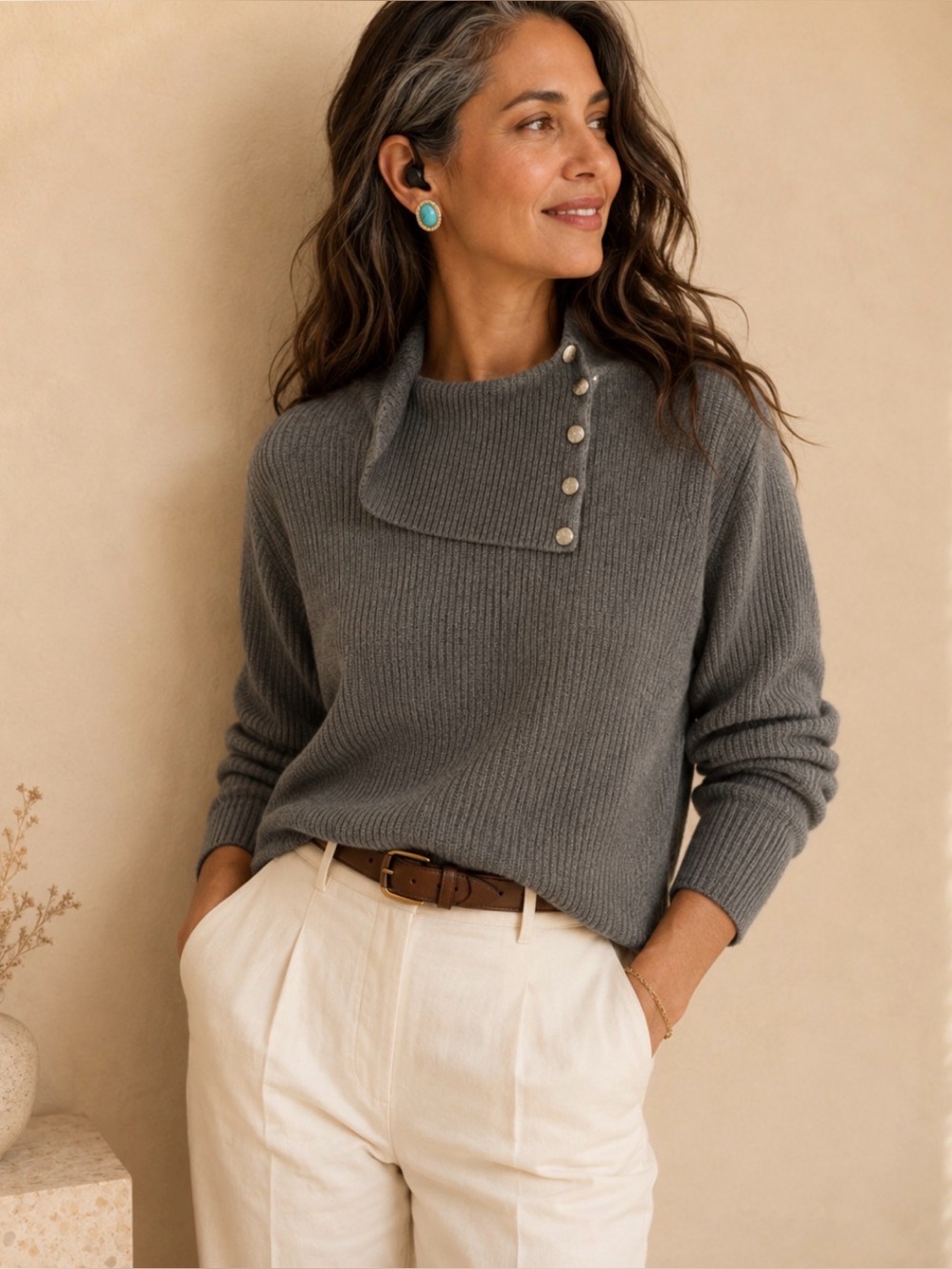 Lauren Ralph Lauren Charcoal Ribbed Button-Shoulder Turtleneck Sweater